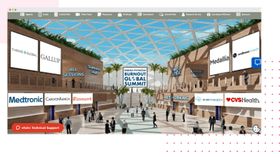 an image showing sponsor banners displayed in a 3D virtual event lobby as per event sponsorship packages for virtual venues