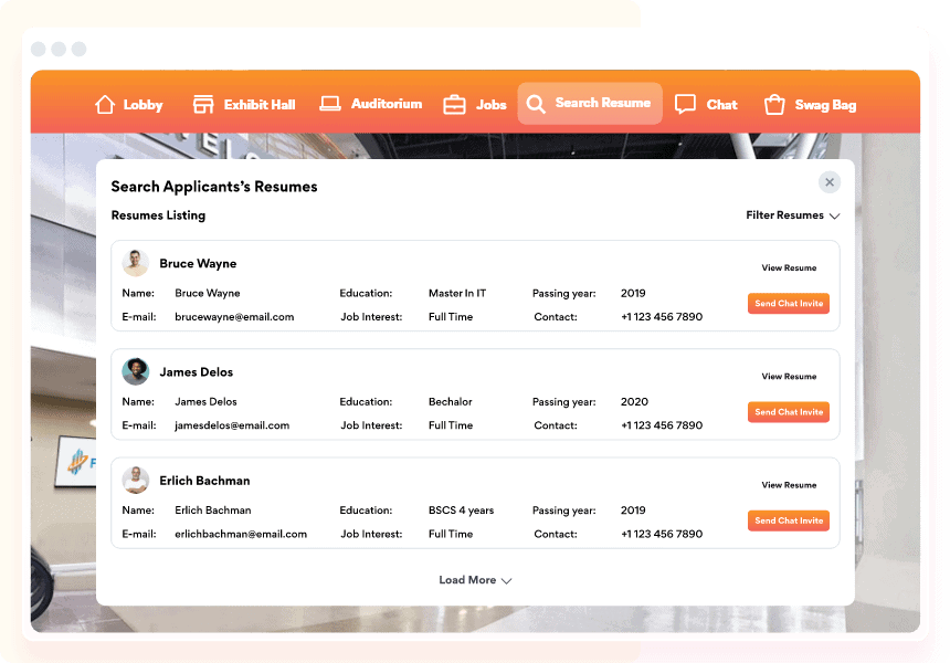 A list of job seekers and their resumes at a virtual job fair.